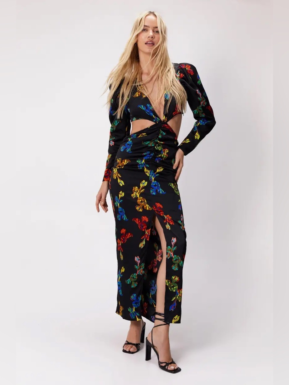 NWT Nasty Gal Floral Print Satin Cut-Out Maxi Dress